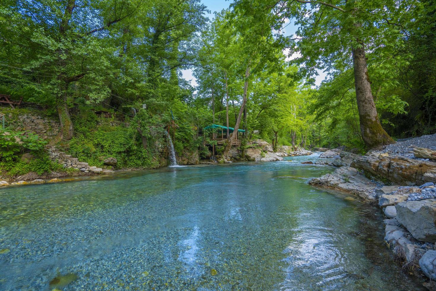 berg flod ström vattenfall grön skog landskap natur växt träd regnskog djungel foto