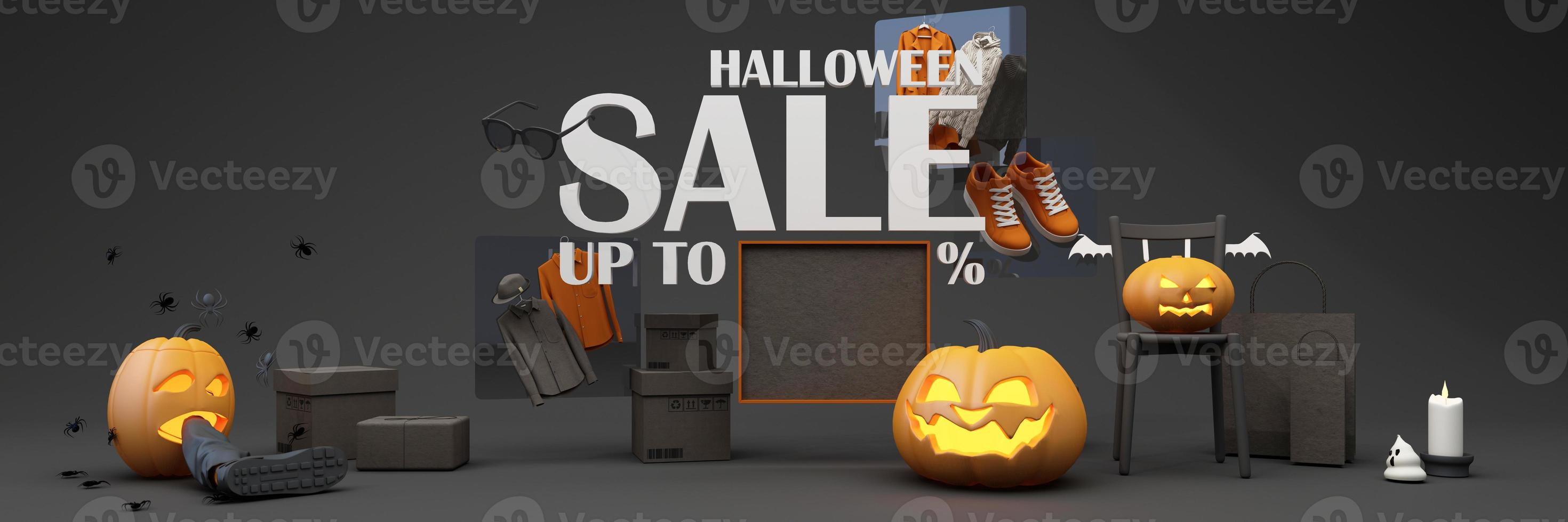 halloween rea promotion affisch med halloween pumpa och mode shopping kläder och presentförpackning med produkt podium scen. webbplats spöklik, bakgrund för banner halloween. bred skärm -3D-rendering foto