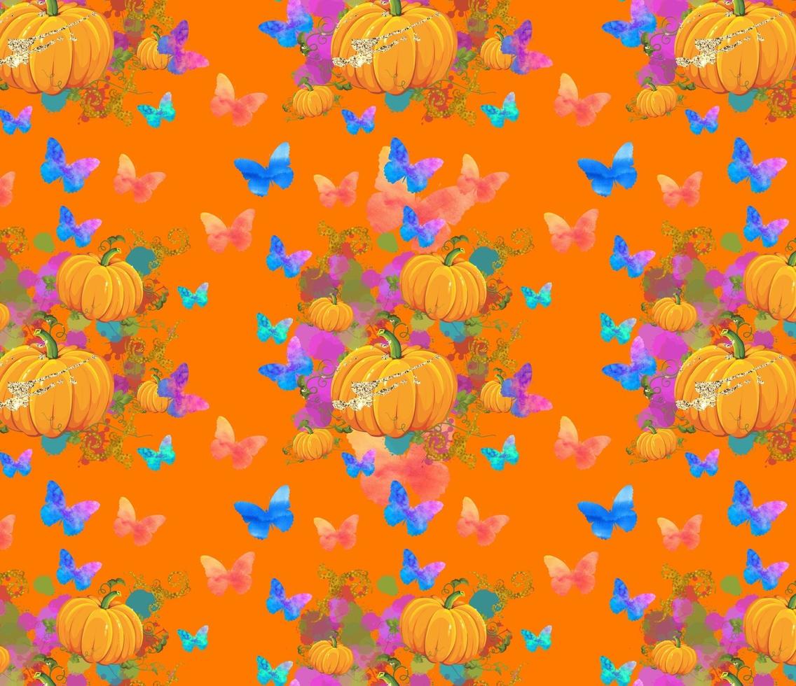 halloween sömlös mönster, tapet. pumpor, fjärilar, blommor. foto