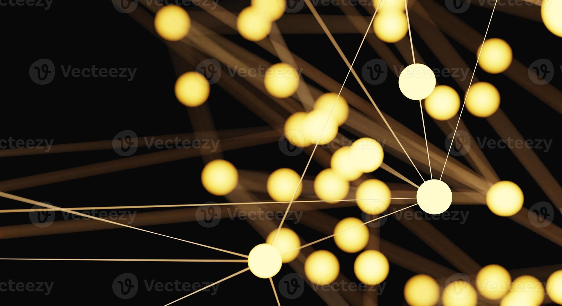 abstrakt guld och gul nätverk lysande belysning nod bakgrund i de mörk Plats. vetenskap bindning och digital data begrepp. 3d illustration tolkning foto