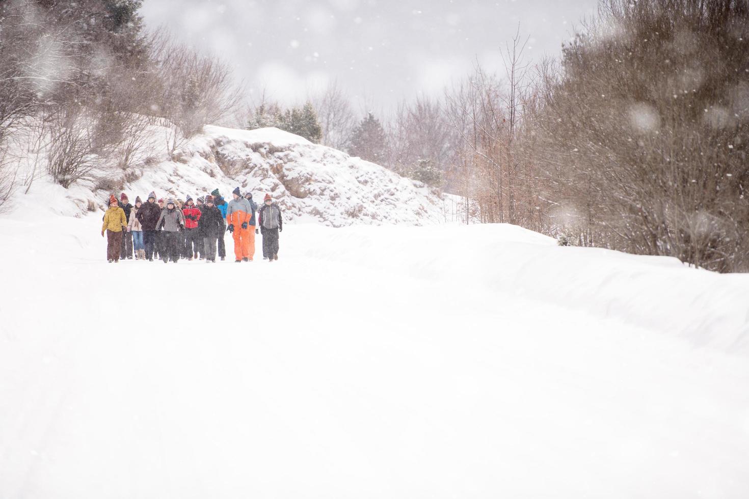 grupp av ung människor gående genom skön vinter- landskap foto