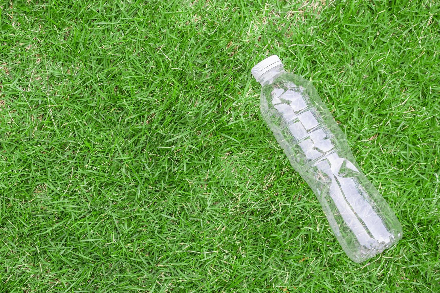 plast flaska på grön gräs bakgrund återvinna och förorening begrepp foto