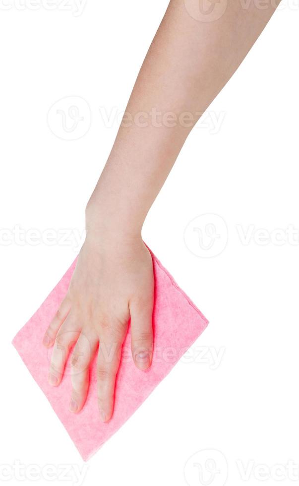 hand med rosa rengöring trasa isolerat på vit foto