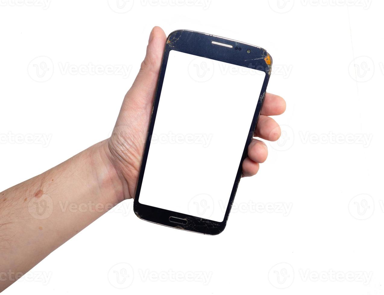 mockup. telefon i de hand av en man. tom vit Plats på de telefon skärm. de smartphone är bruten. foto