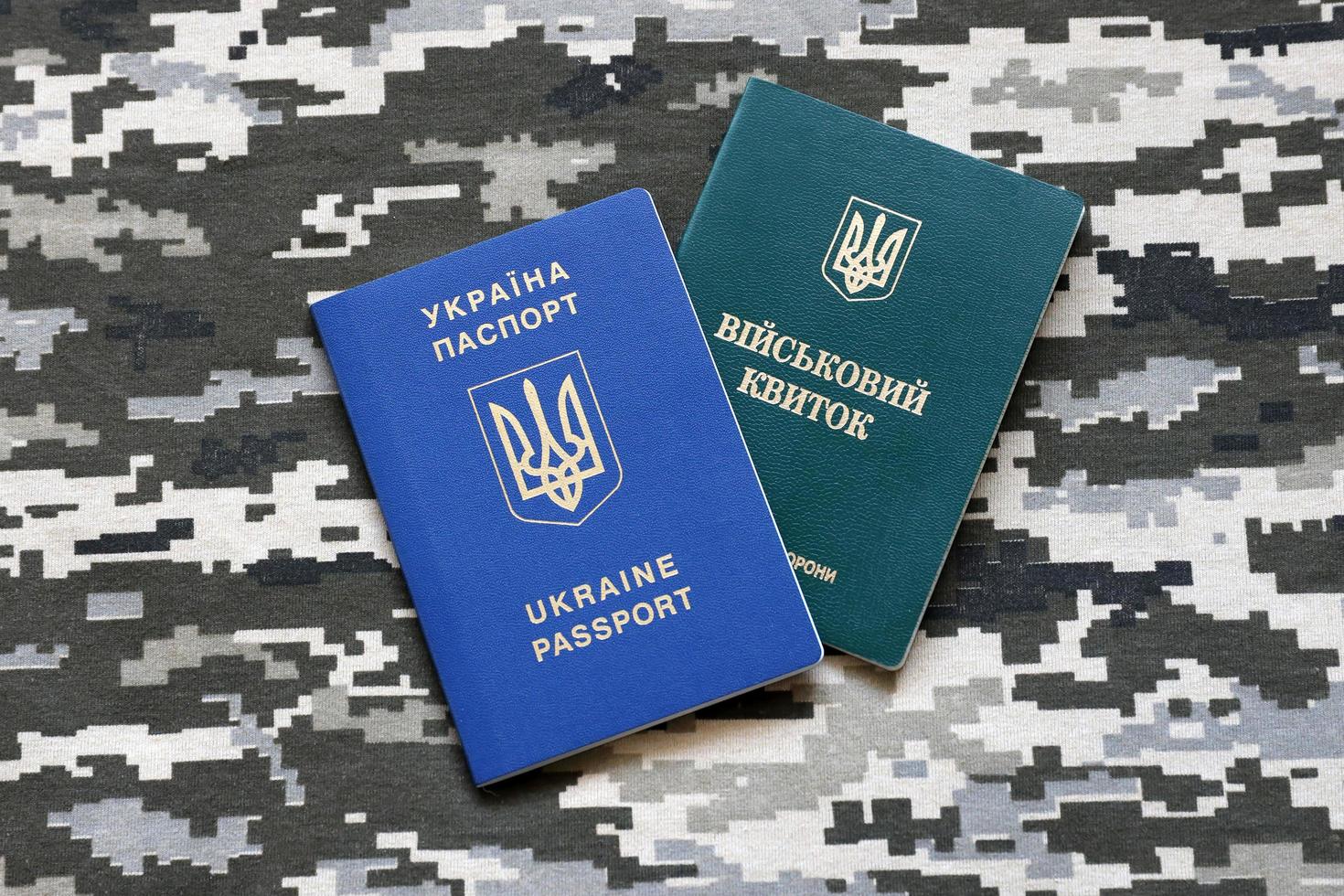 sumy, ukraina - Mars 20, 2022 ukrainska militär id och utländsk pass på tyg med textur av pixeled kamouflage. foto