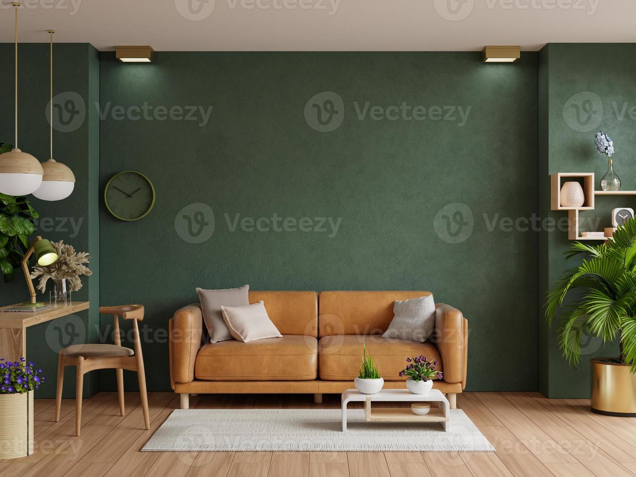 ljus rum med läder soffa och dekoration rum på tömma mörk grön vägg bakgrund. 3d illustration tolkning foto