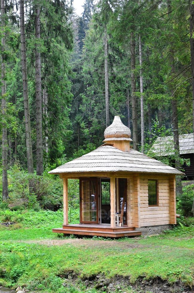 små naturlig hus, som är byggd av trä. de byggnad är belägen i de skog foto