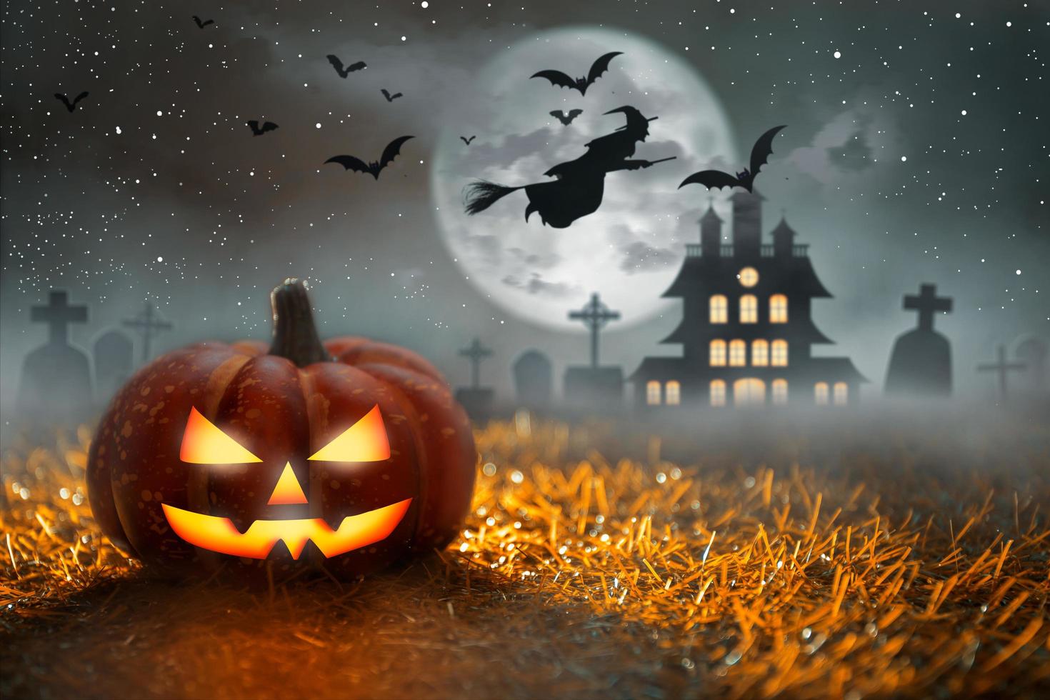 läskigt halloween pumpa i kyrkogård på månsken. halloween fest och firande begrepp. foto