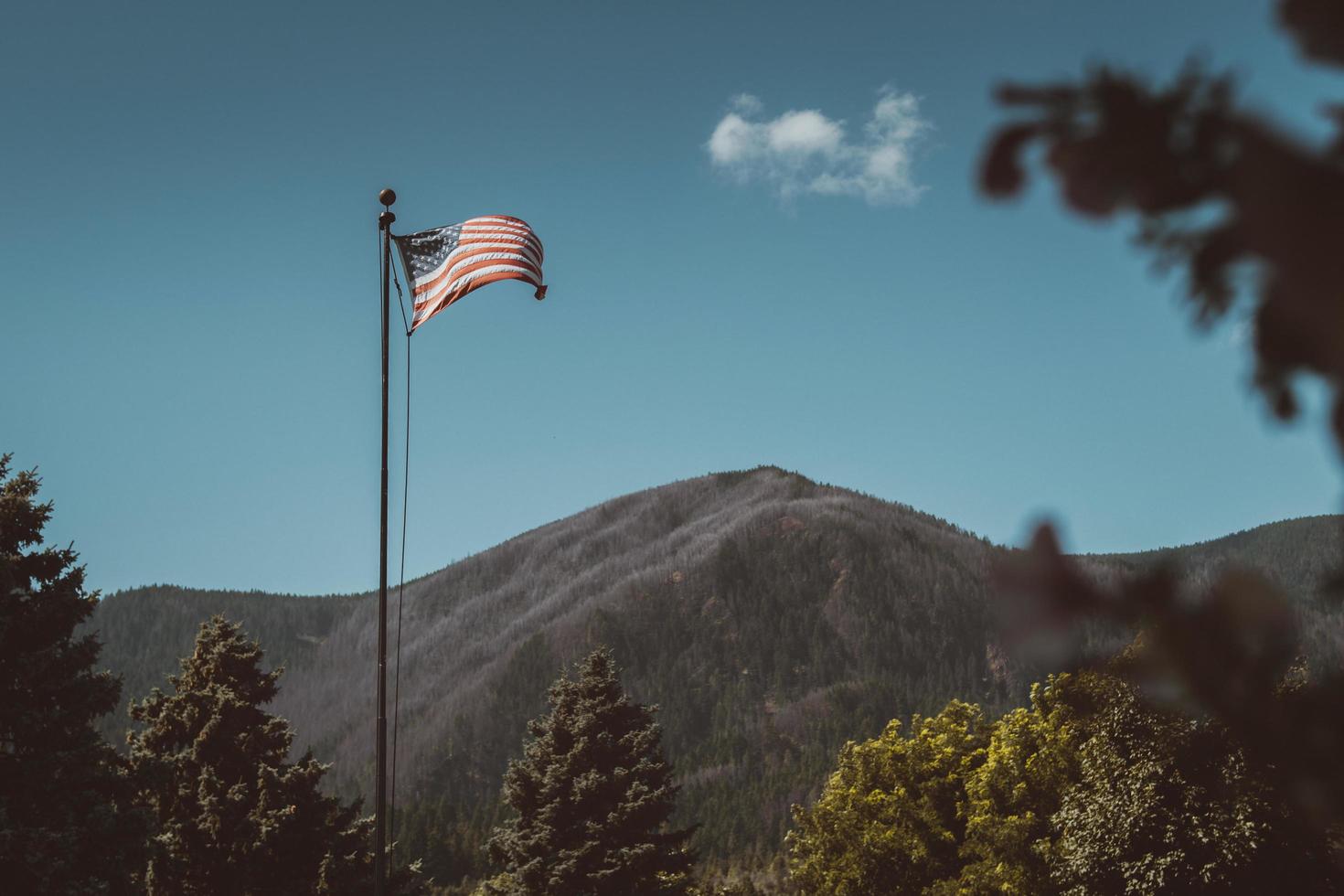 amerikansk flagga i bergsområde foto