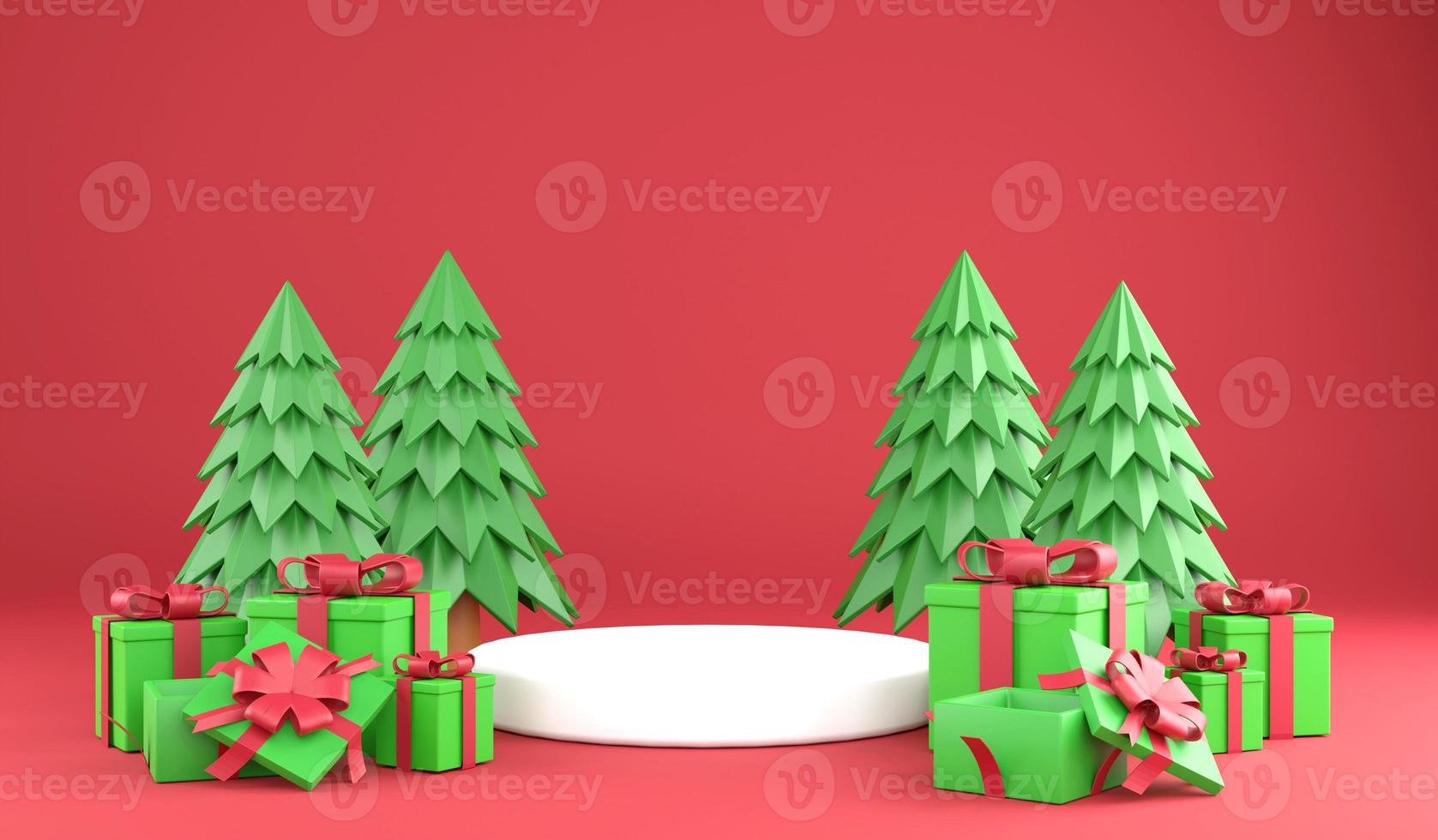 3d tolkning glad jul och vit podium på röd bakgrund, 3d illustration jul festival begrepp foto