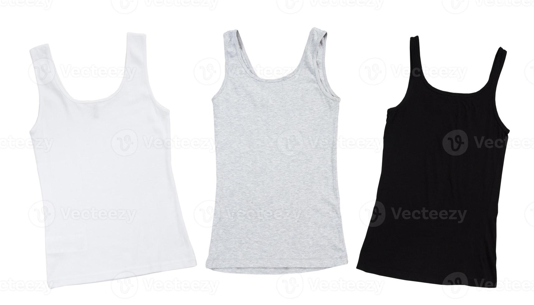 ärmlös t-shirt uppsättning, vit, grå och svart ärmlös shirts falsk upp isolering på vit bakgrund foto