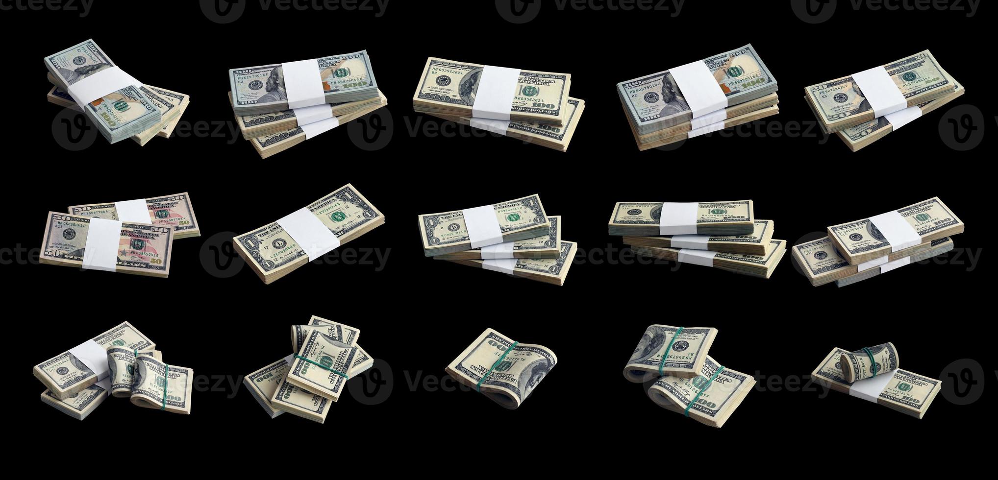 stor uppsättning av buntar av oss dollar räkningar isolerat på vit. collage med många förpackningar av amerikan pengar med hög upplösning på perfekt vit bakgrund foto