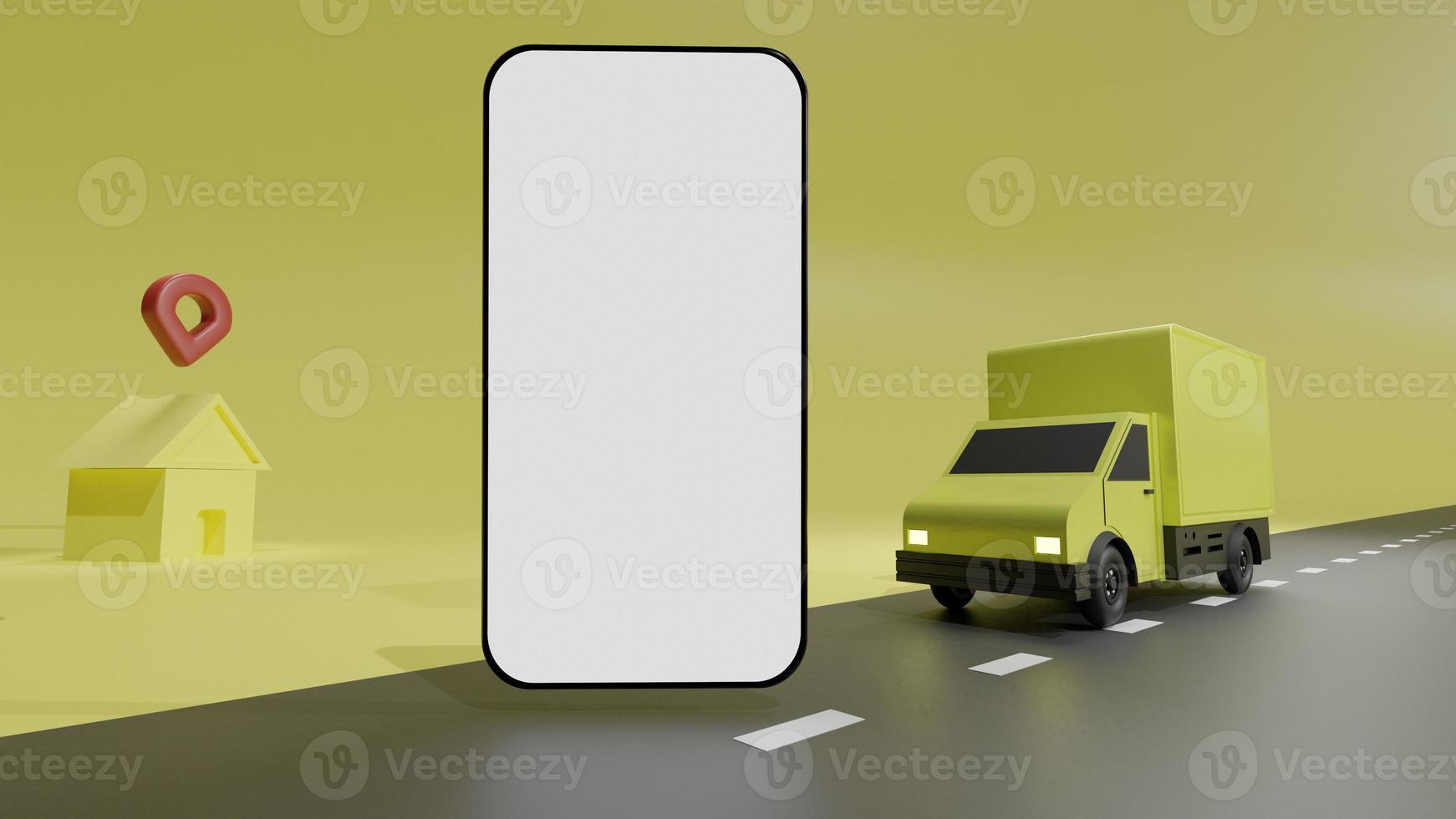 de gul lastbil med vit skärm mobil telefon mockup, över gul bakgrund beställa leverans. uppkopplad spårning. 3d tolkning. foto