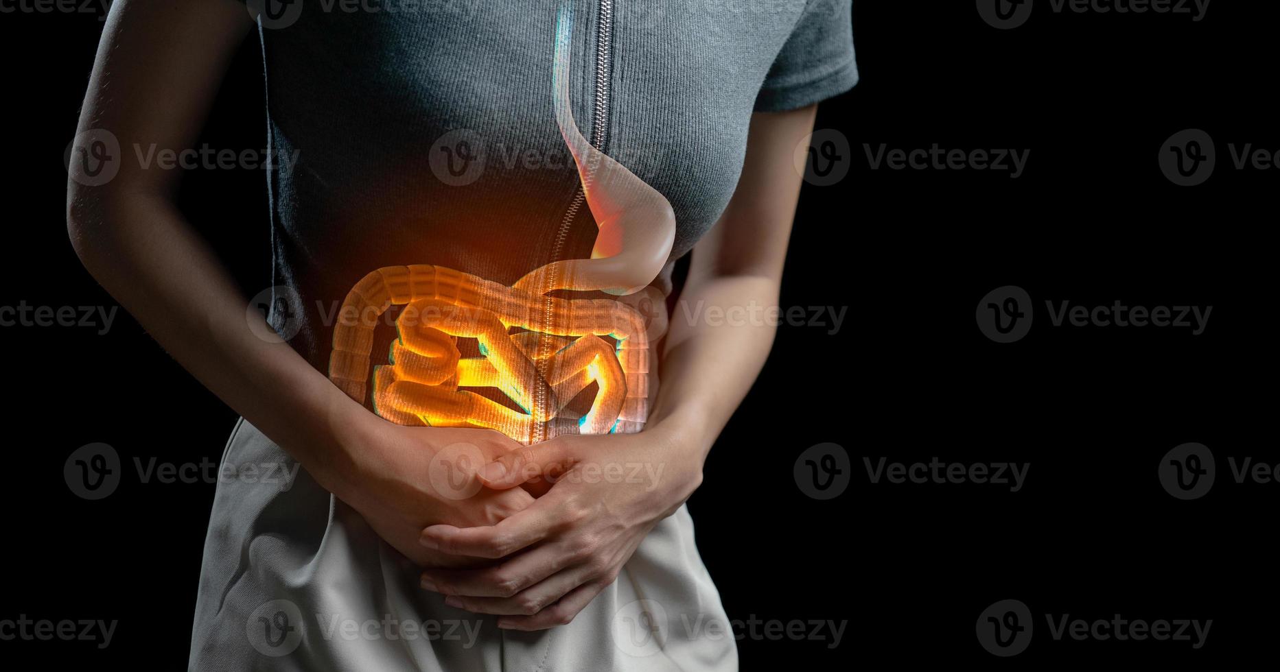 abdominal smärta kvinna, Foto av stor inälvor på kvinna kropp, magont diarre symptom, menstruations- period kramp eller mat förgiftning. hälsa vård begrepp.
