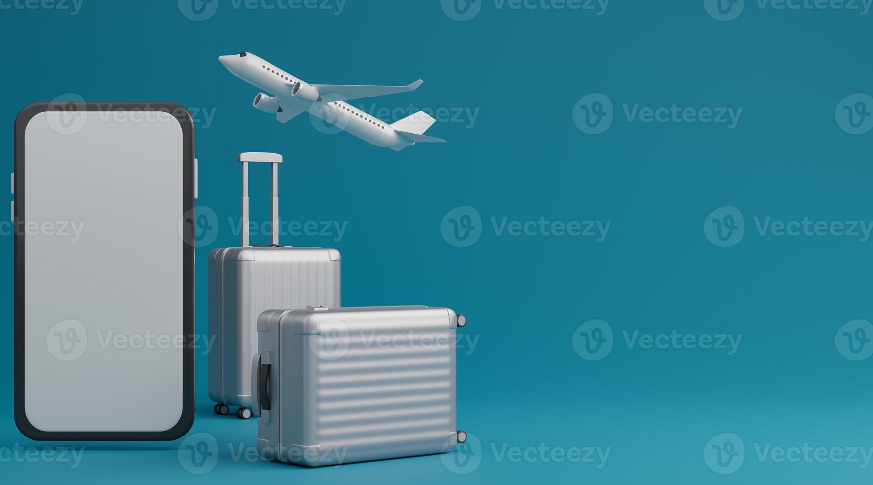 vit bagage med vit skärm mobil attrapp och flygplan över blå bakgrund resa begrepp. 3d tolkning foto
