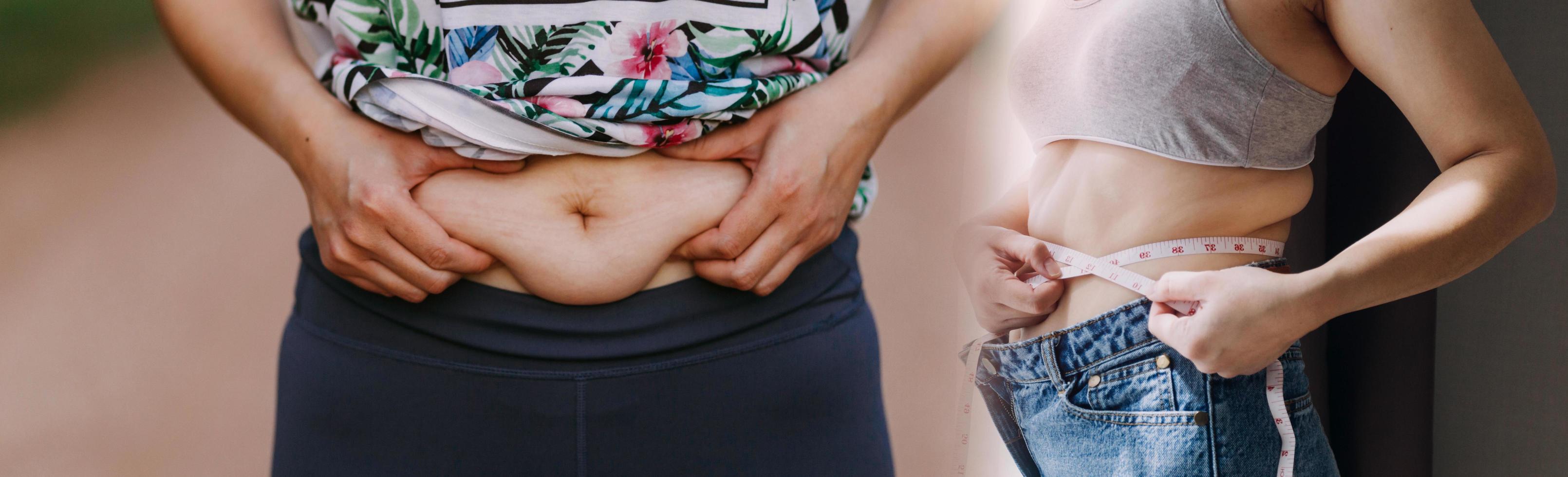 vacker tjock kvinna med måttband hon använder sin hand för att pressa överflödigt fett som är isolerat på en vit bakgrund. hon vill gå ner i vikt, begreppet operation och bryta ner fett under foto