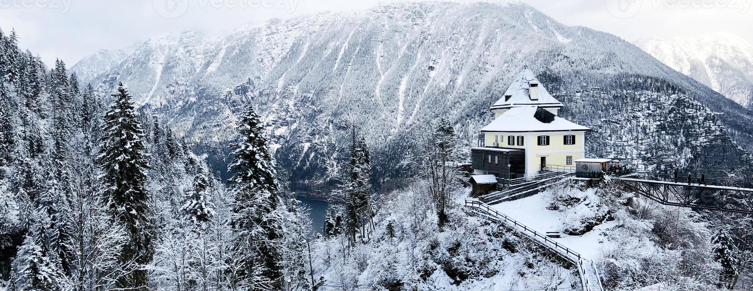 synpunkt av hallstatt vinter- snö berg tall skog landskap genom de skog i höglänt dal leder till de gammal salt mina av hallstatt, österrike foto