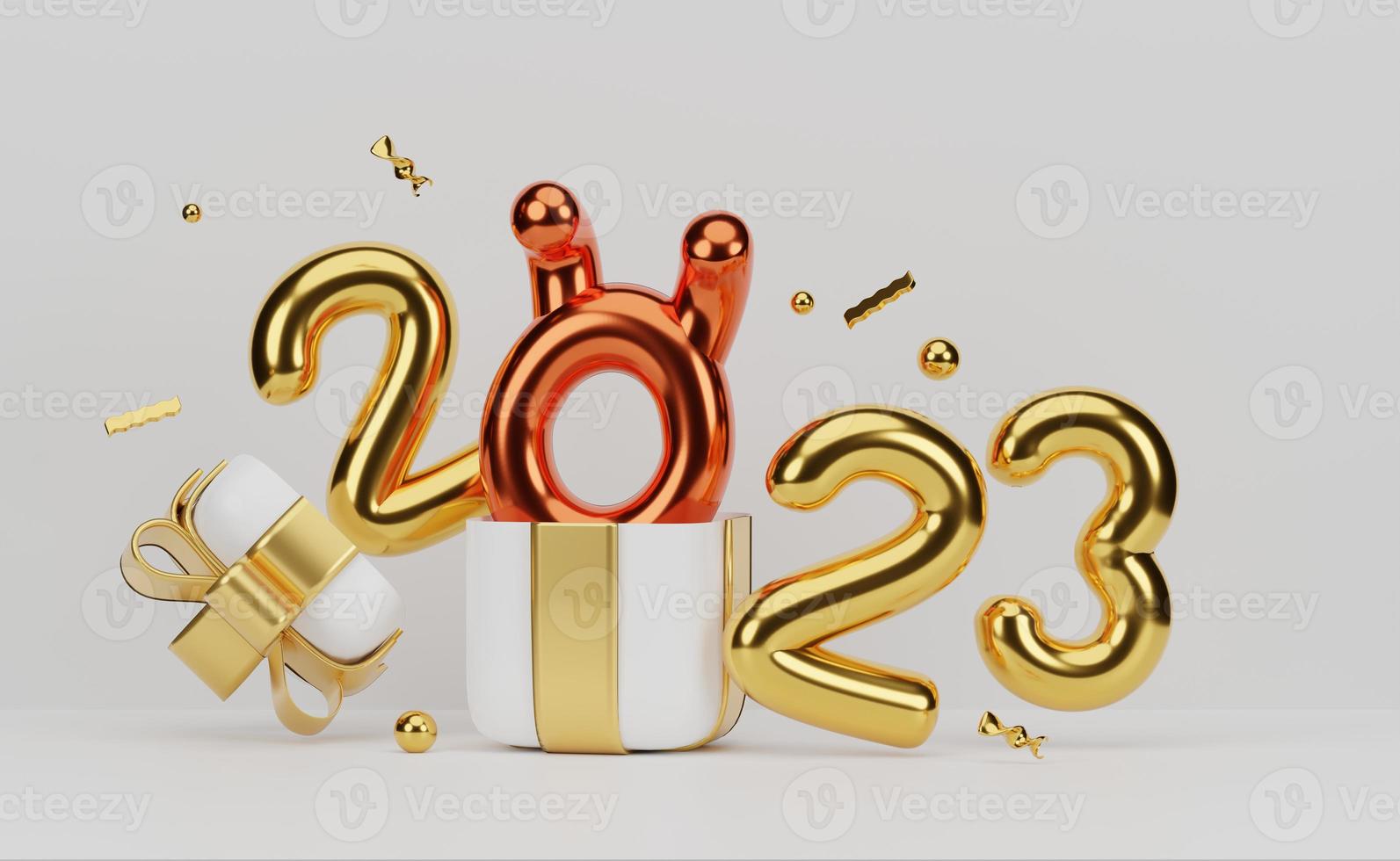 Lycklig ny år 2023. siffra med gåva. 3d tolkning foto