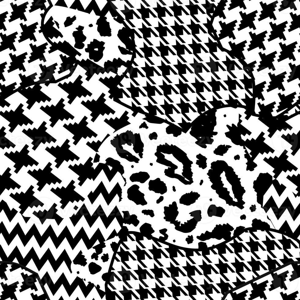 kintsugi japansk konst stil svart och vit modern patchwork collage djur- hud blandad med geometrisk mönster, tartan prydnad i sömlös vektor design för mode, tyg, tapet foto