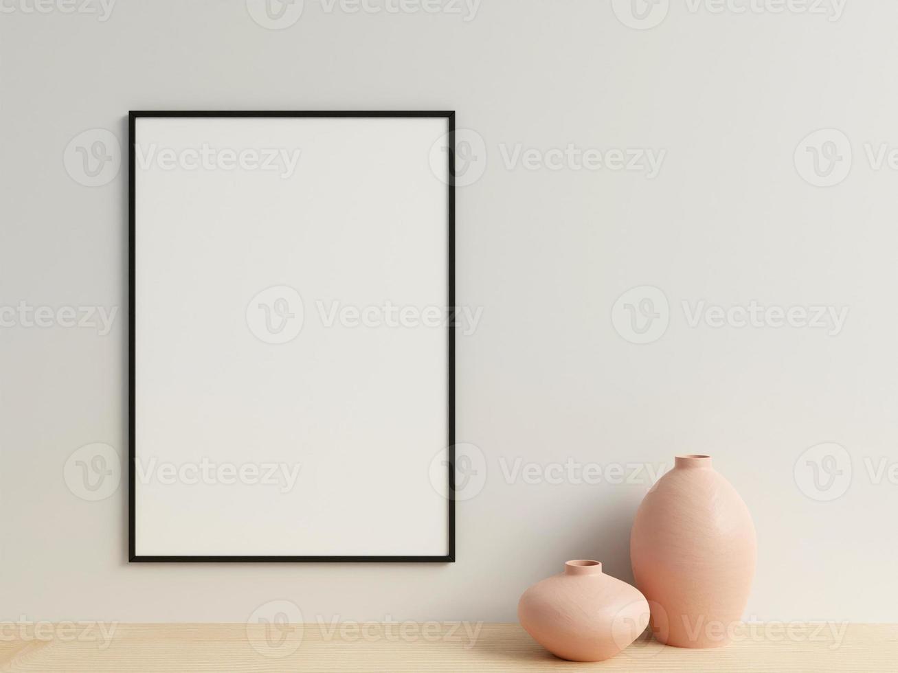 rena och minimalistisk främre se vertikal svart Foto eller affisch ram attrapp hängande på de vägg med vas. 3d tolkning.