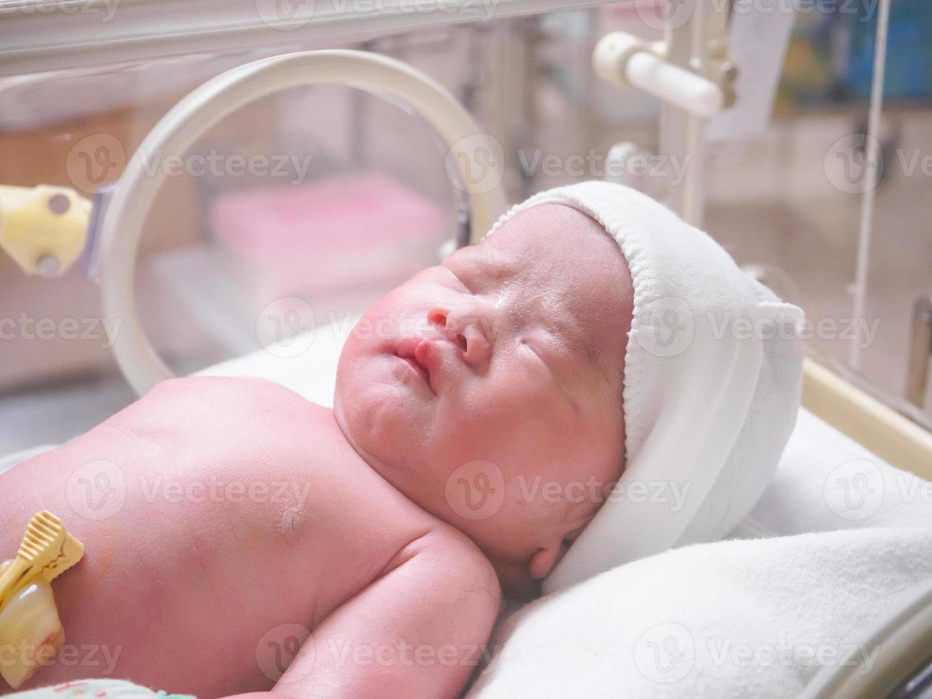 ny född bebis i de sjukhus inkubator foto