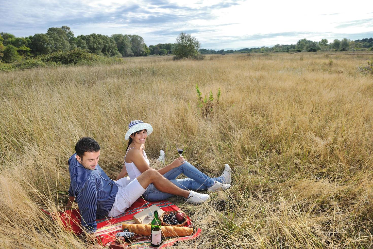 Lycklig par njuter landsbygden picknick i lång gräs foto