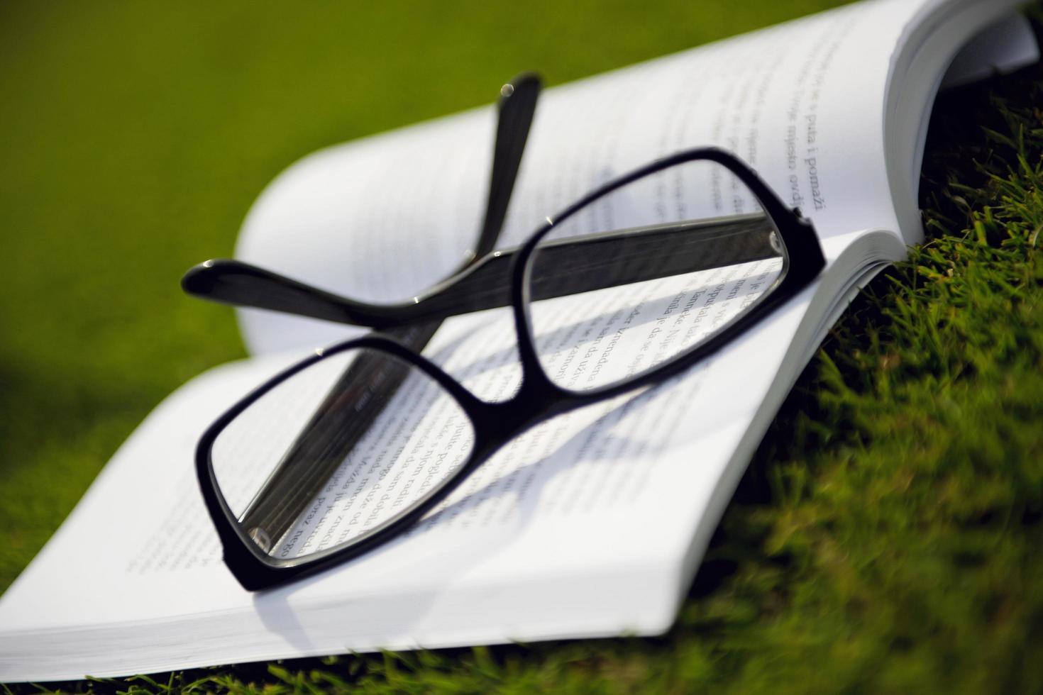 glasögon på en bok utanför med gräs foto
