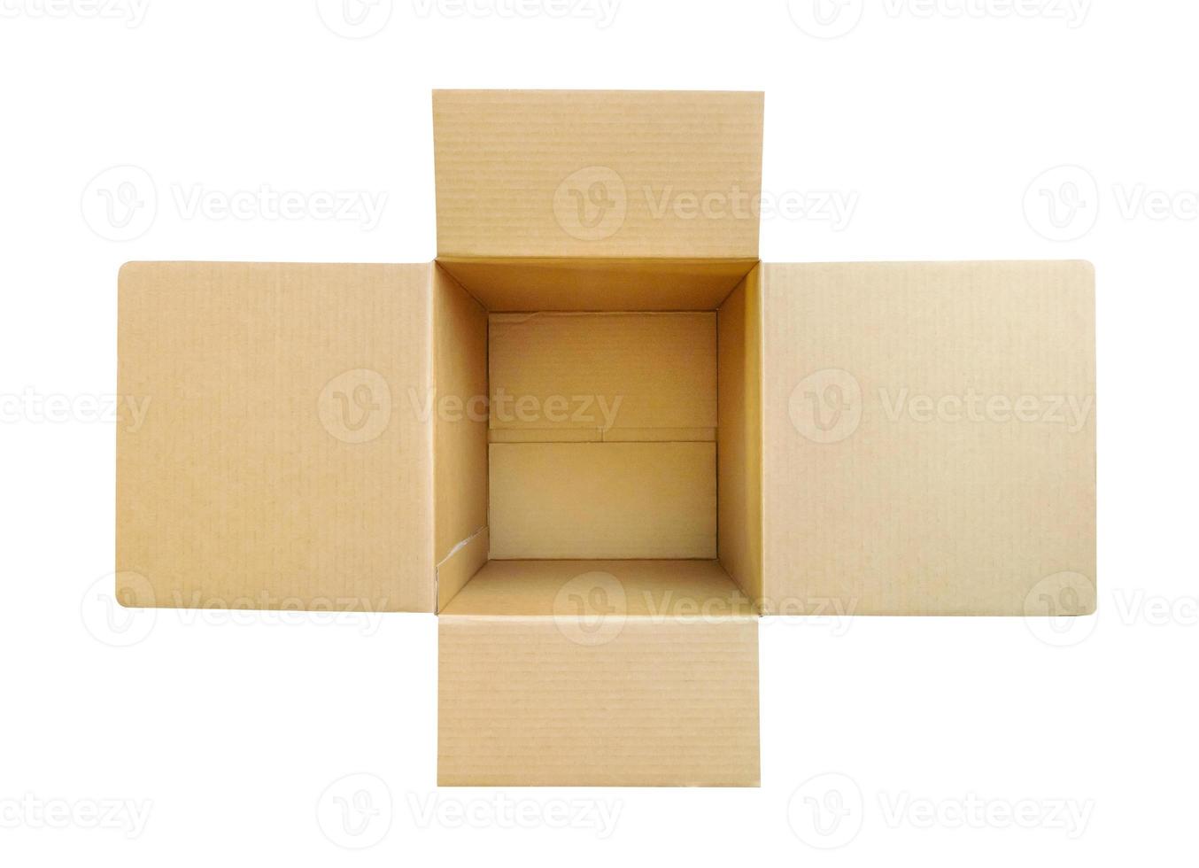 öppen tömma brun kartong låda isolerat på vit bakgrund topp se foto