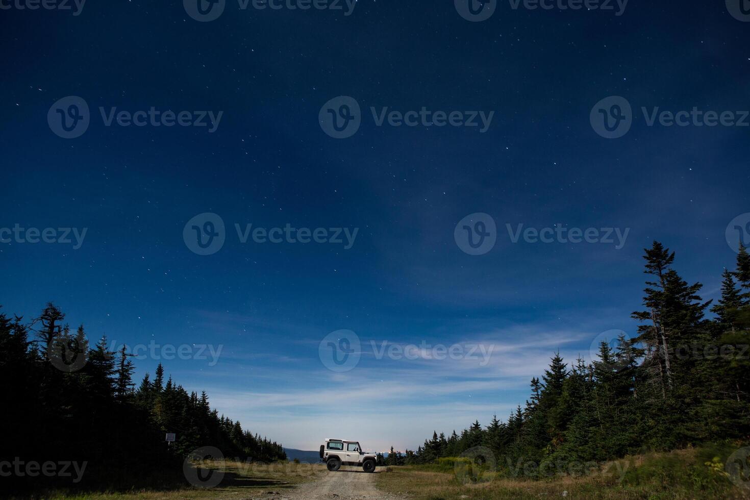 ett av vägen fordon parkerad tvärs över en smuts väg i de skog i de kväll foto