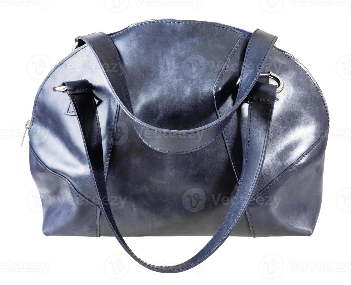 sida se av mörk blå läder handväska isolerat foto