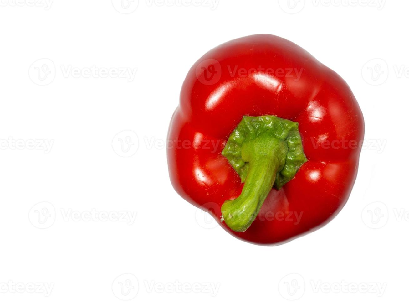röd klocka peppar på en vit bakgrund. en friska vegetabiliska i droppar av vatten. ljuv peppar isolera foto