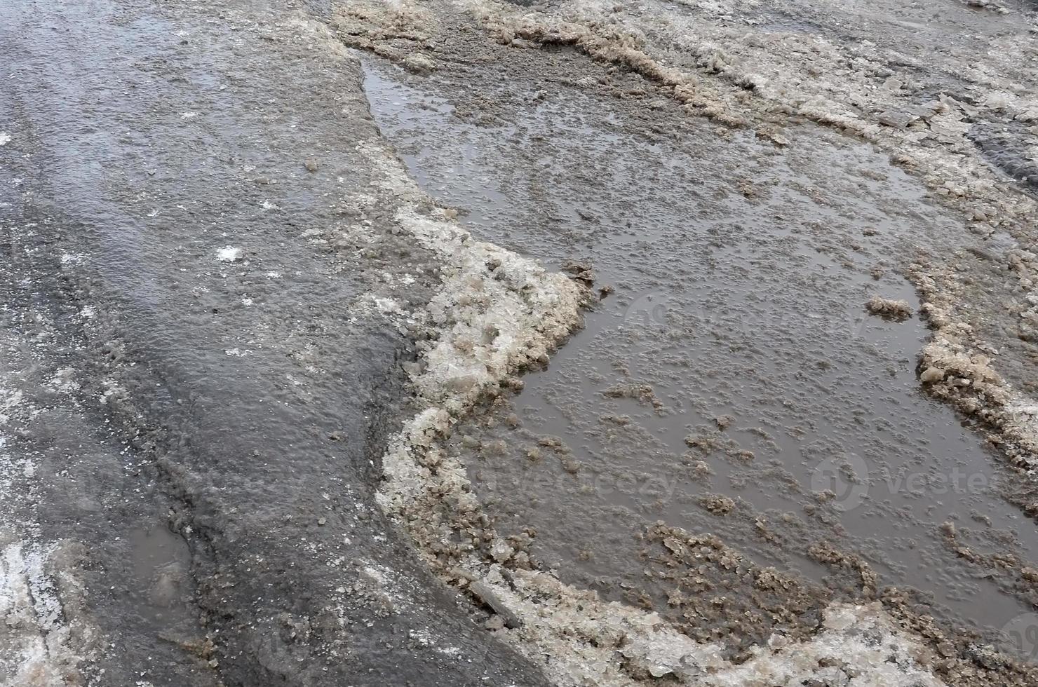 skadad asfalt väg med gropar orsakade förbi frysning och upptining cykler under de vinter. fattig väg foto