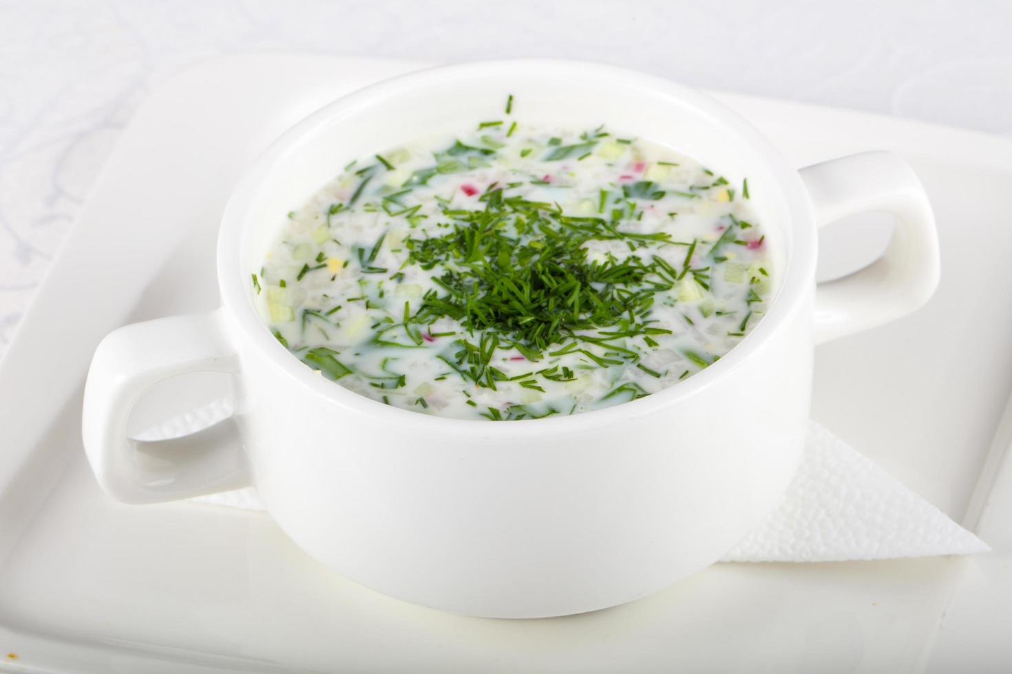 okroshka soppa i en skål på vit bakgrund foto