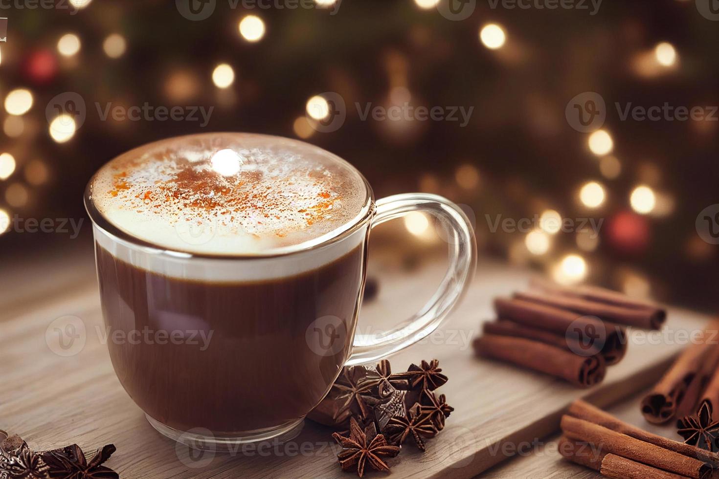 3d illustration ångande varm kola latte i glas råna på trä- bakgrund, kanel pinnar, anis, kryddor foto