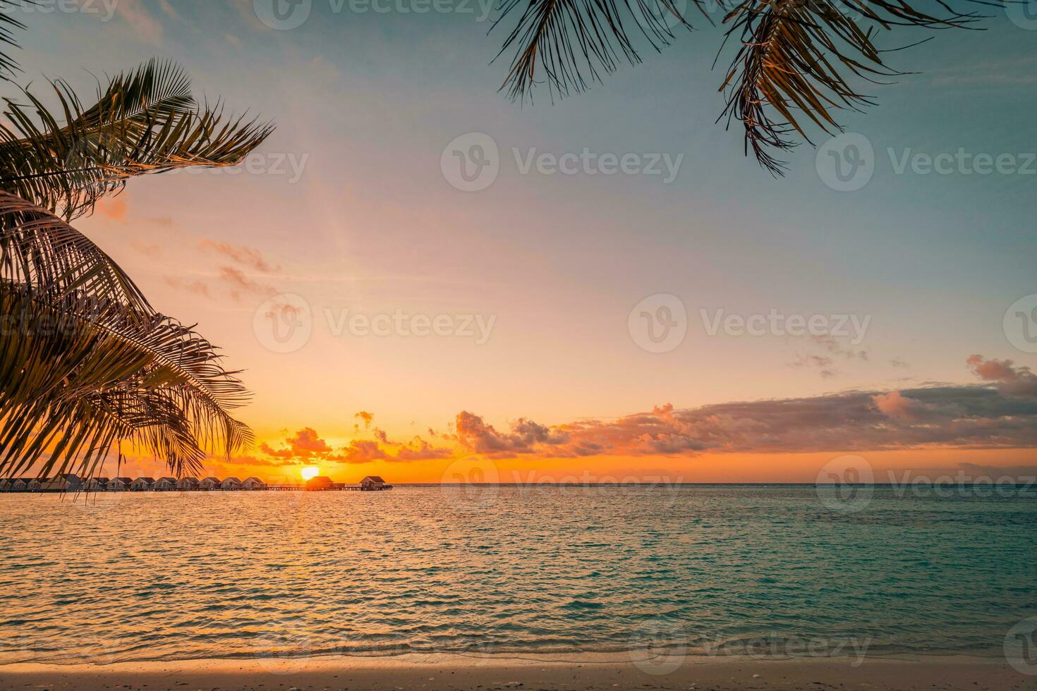 silhuett av handflatan träd och hav horisont. skön solnedgång på de tropisk ö kust strand bakgrund för resa i Semester koppla av tid. vatten villor i maldiverna, exotisk semester. romantisk soluppgång foto