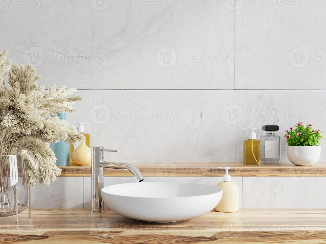 badrum med tvätta handfat och kran på bricka vägg bakgrund. 3d illustration tolkning foto