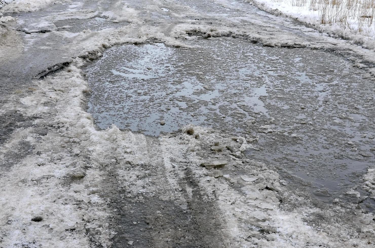 skadad asfalt väg med gropar orsakade förbi frysning och upptining cykler under de vinter. fattig väg foto