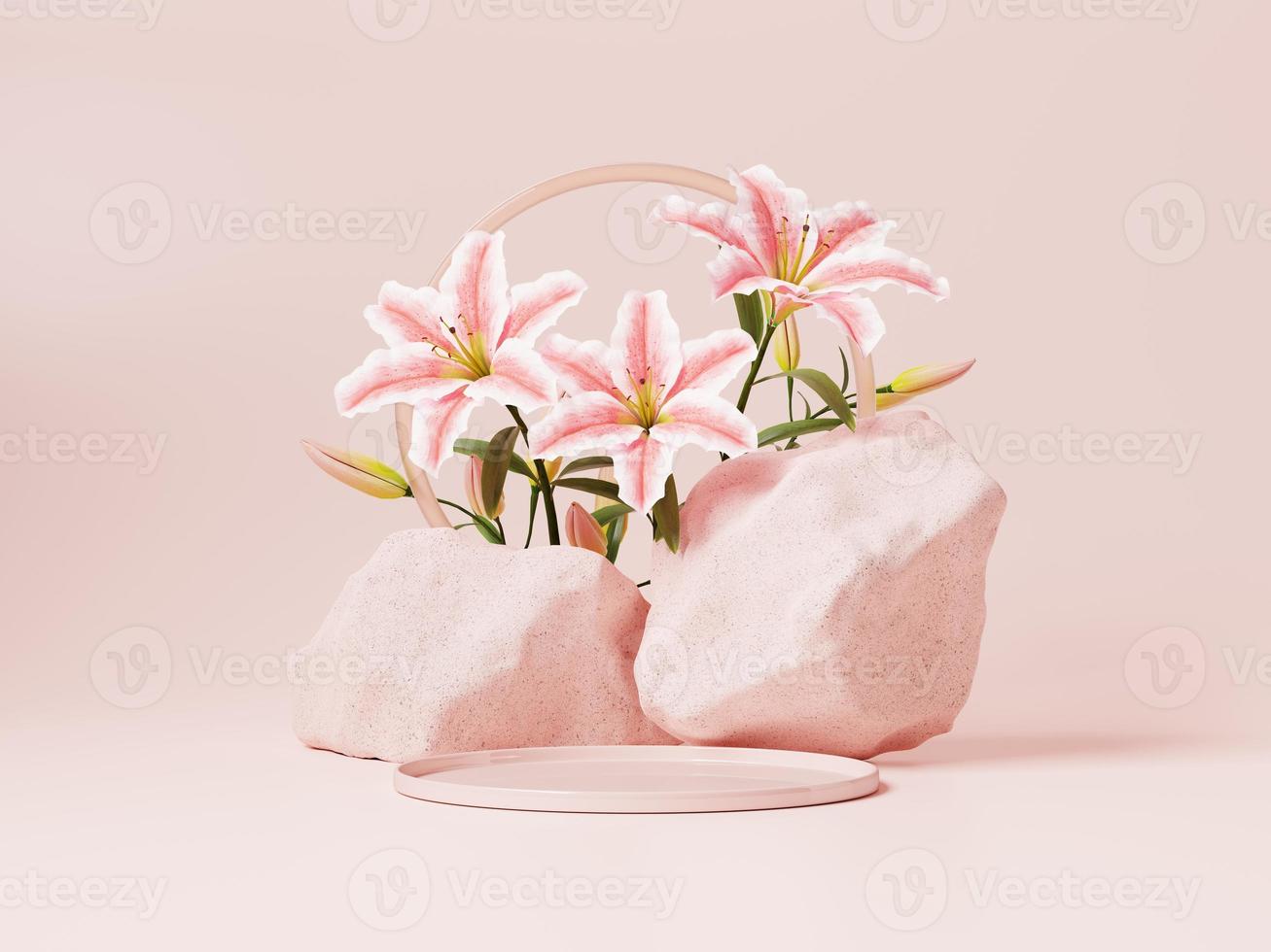 3d minimal visa pallplatser med rosa blomma och stenar på rosa bakgrund. 3d tolkning av abstrakt presentation för produkt reklam. 3d minimal illustration. foto