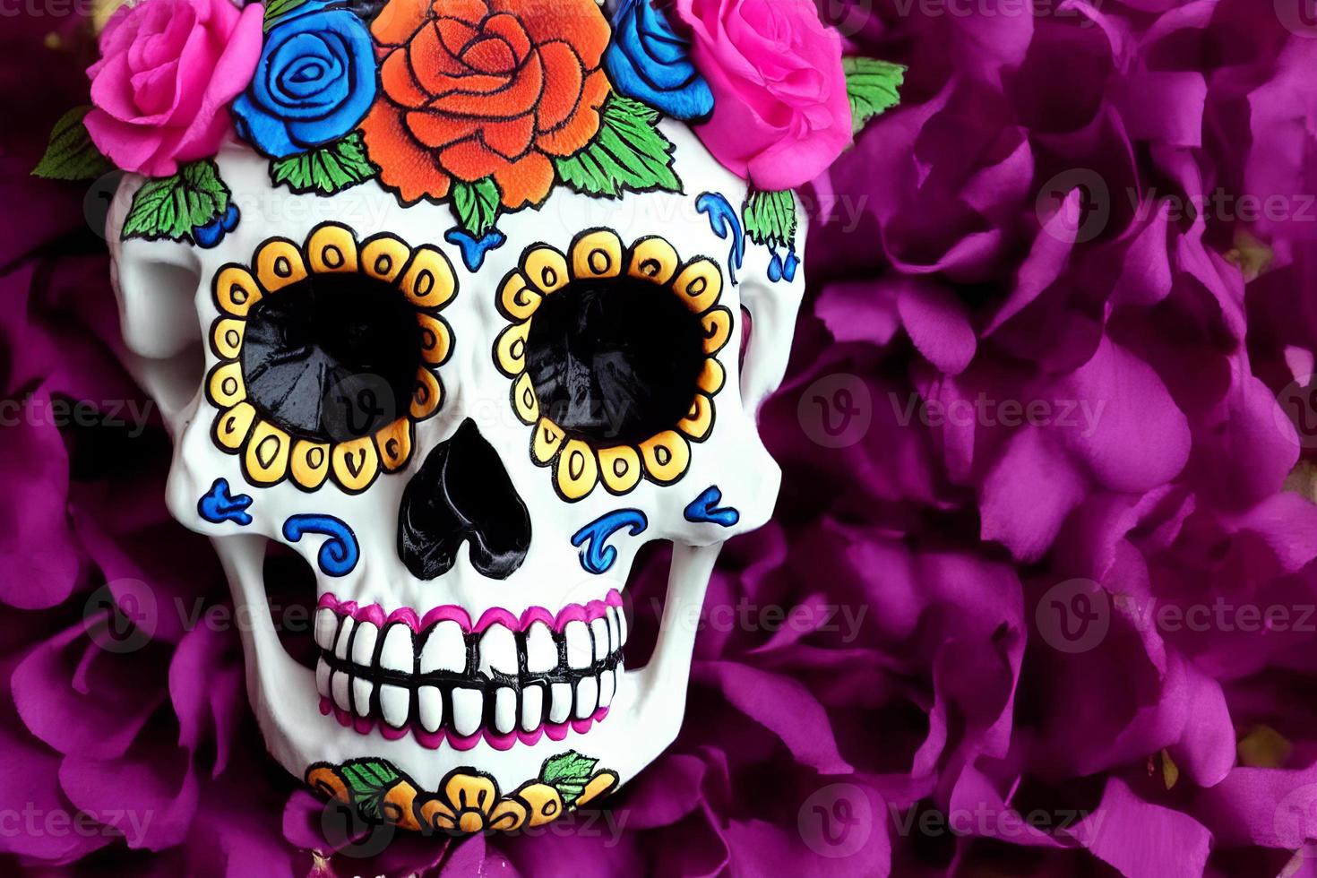 skalle täckt med blommor för dag av de död- mexikansk festival kreativ illustration foto