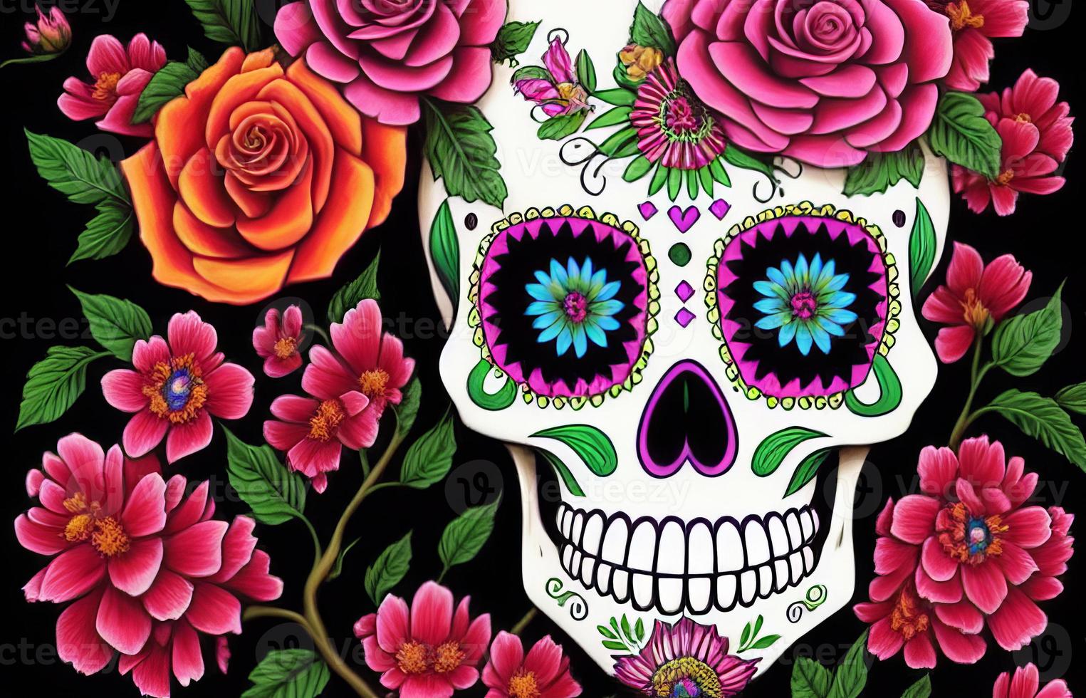 dia de los muertos traditionell calavera socker skalle dekorerad med blommor de dag av de död- illustration foto