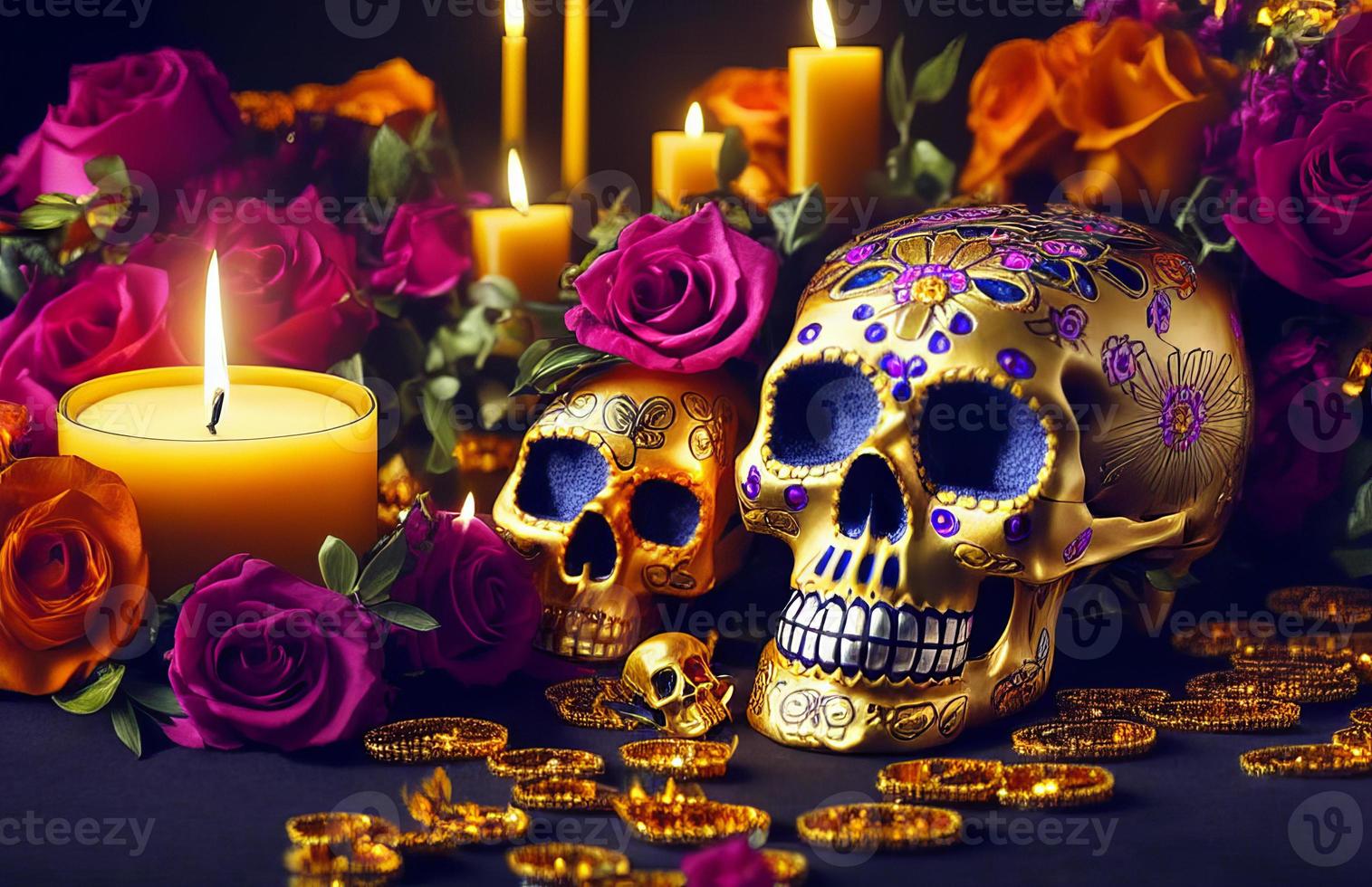 guld skalle för dia de los muertos - dag av de död- med ljus och blommor foto
