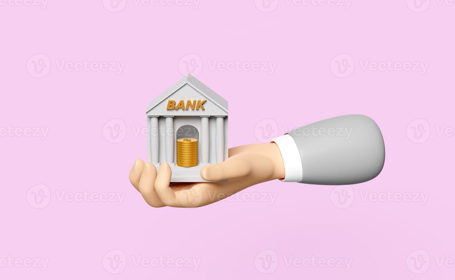 3d affärsman händer innehav Bank eller beskatta kontor byggnad med pengar ikon isolerat på rosa pastell bakgrund. Bank finansiering, pengar utbyta begrepp, 3d framställa illustration foto