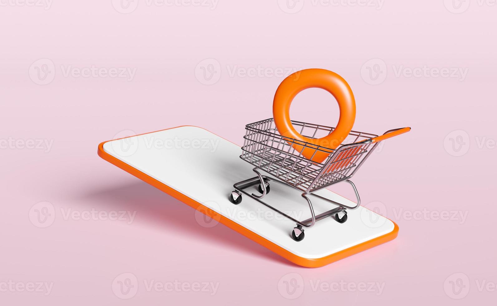 3d orange mobil telefon, smartphone med stift, handla vagn, korg isolerat på rosa bakgrund. uppkopplad handla, plats, billig punkt av försäljning begrepp, 3d framställa illustration foto