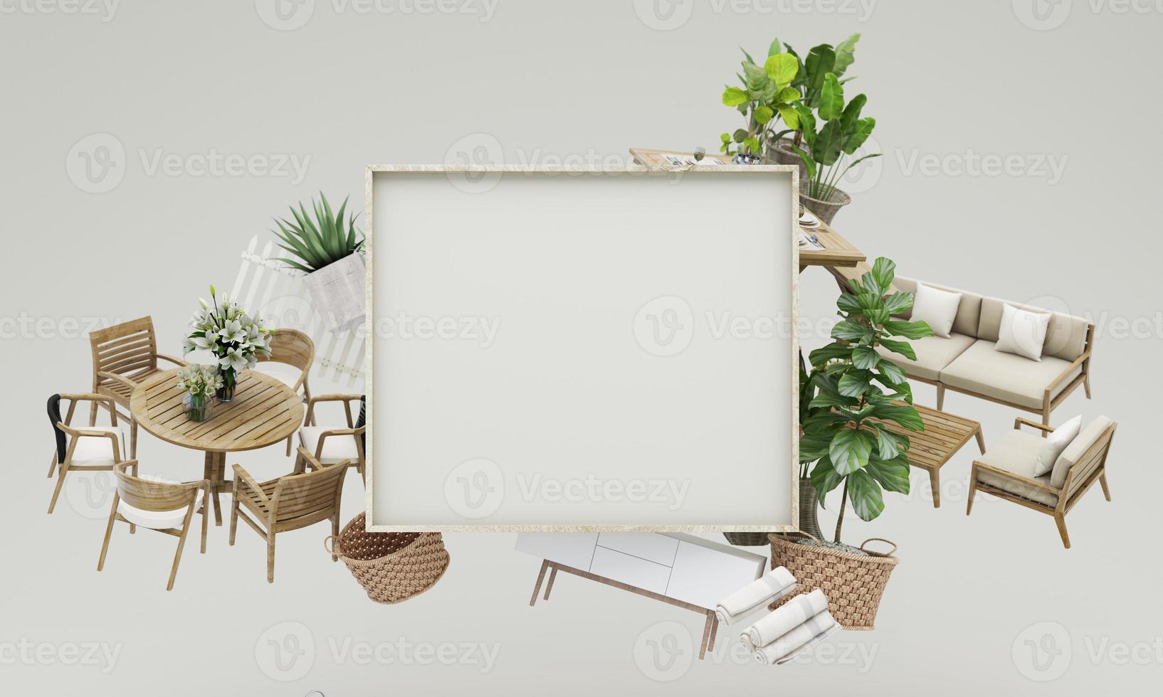 utomhus- begrepp försäljning av Hem dekorationer och möbel under kampanjer och rabatter, den är omgiven förbi tabell, stol, fåtöljer och reklam utrymmen baner. pastell bakgrund. 3d framställa foto