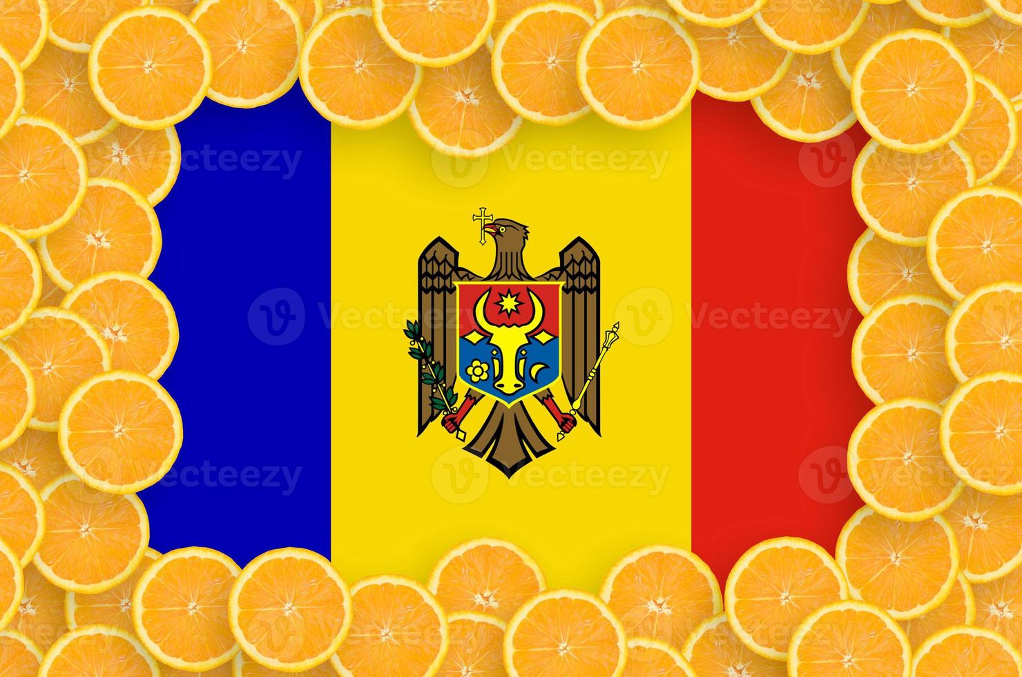 moldavien flagga i färsk citrus- frukt skivor ram foto