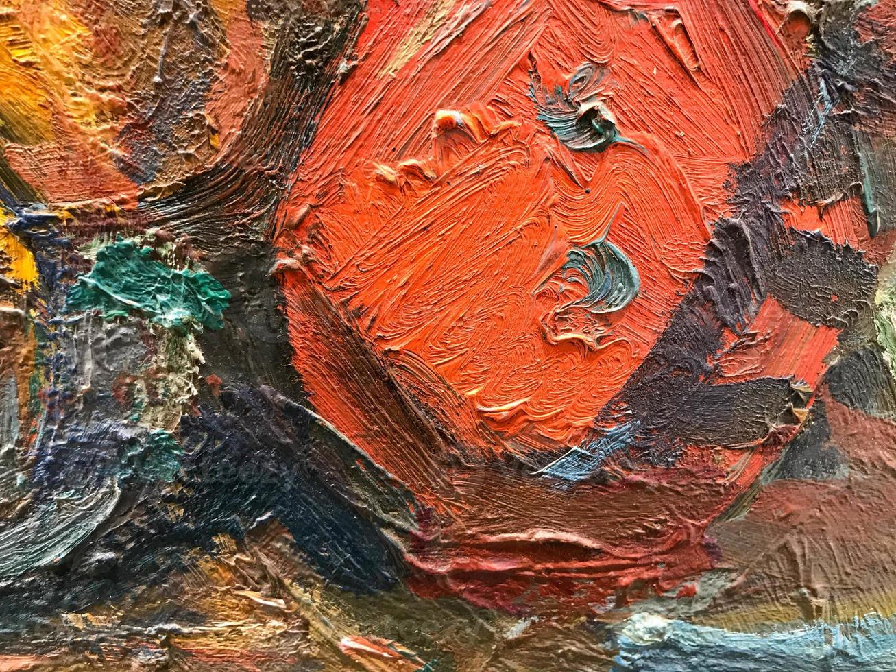 fragment av ett olja målning. dragen ljus flerfärgad blommor. abstrakt färgrik bakgrund foto