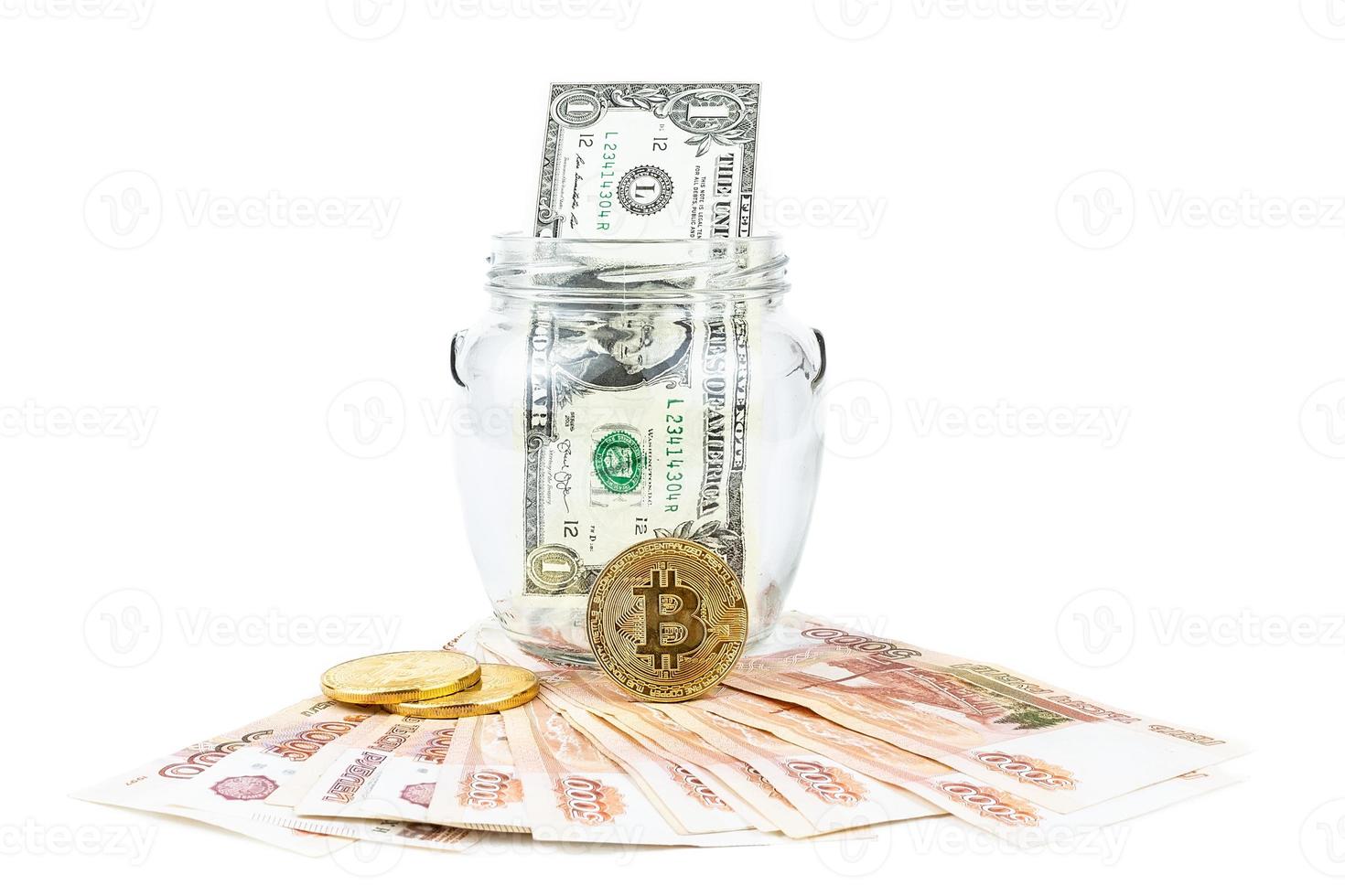 dollar och bitcoin vit bakgrund foto