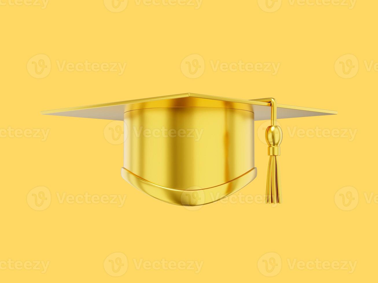 examen keps. murbruk styrelse för en studerande på en universitet, skola, högskola. 3d tolkning. realistisk guld ikon på gul bakgrund foto