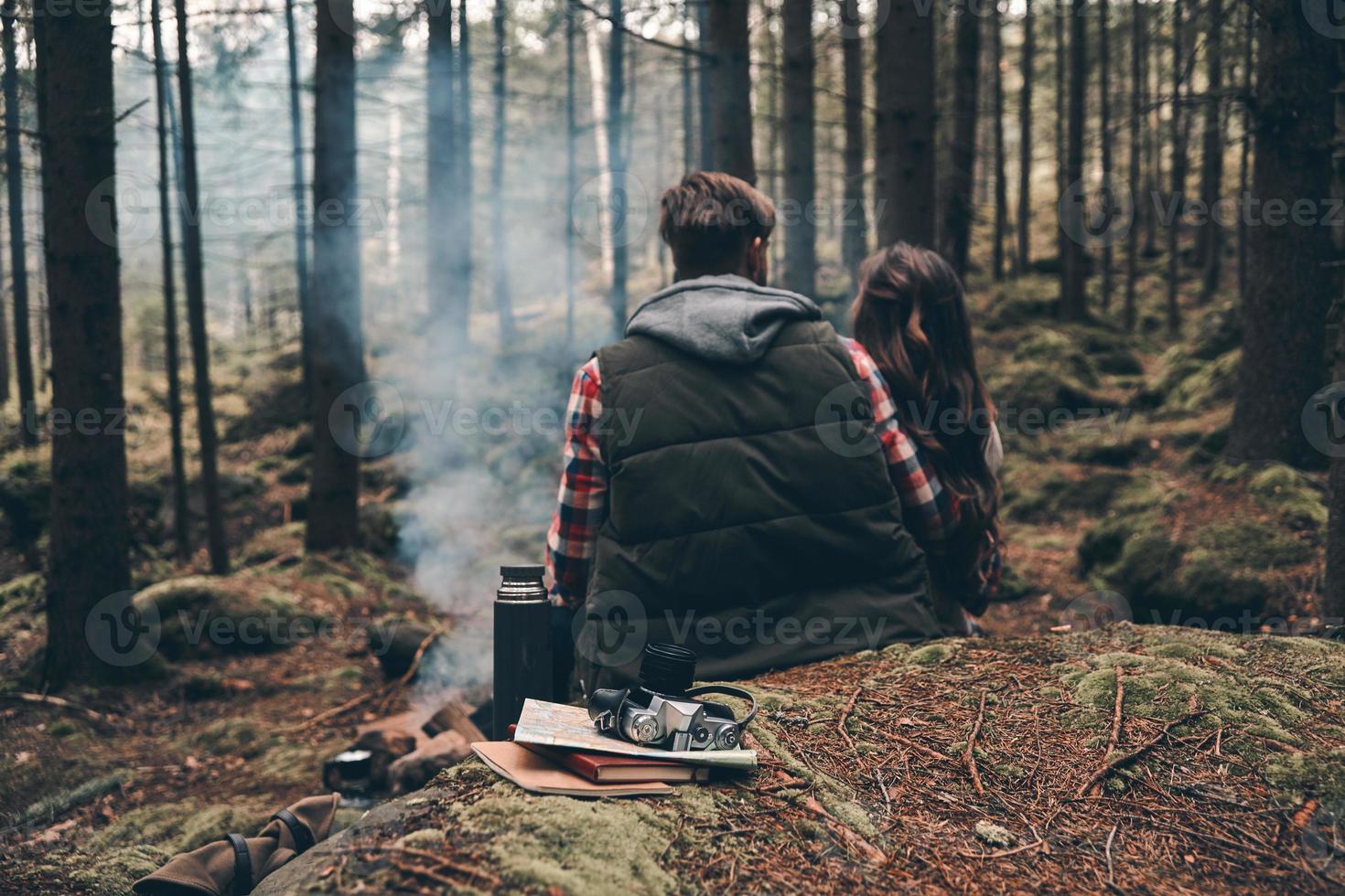 verklig själ kompisar. bak- se av ung par uppvärmningen upp förbi de lägereld medan Sammanträde i de skog foto