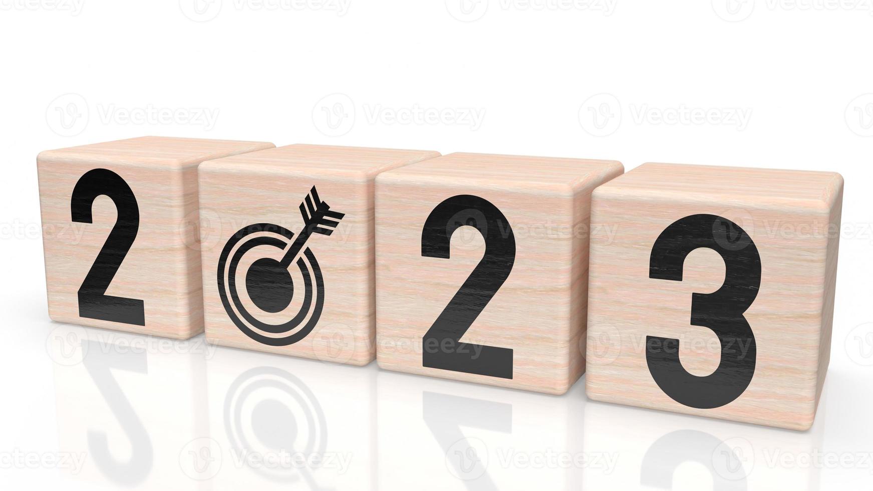 de 2023 siffra på trä kub för ny år eller företag begrepp 3d tolkning foto